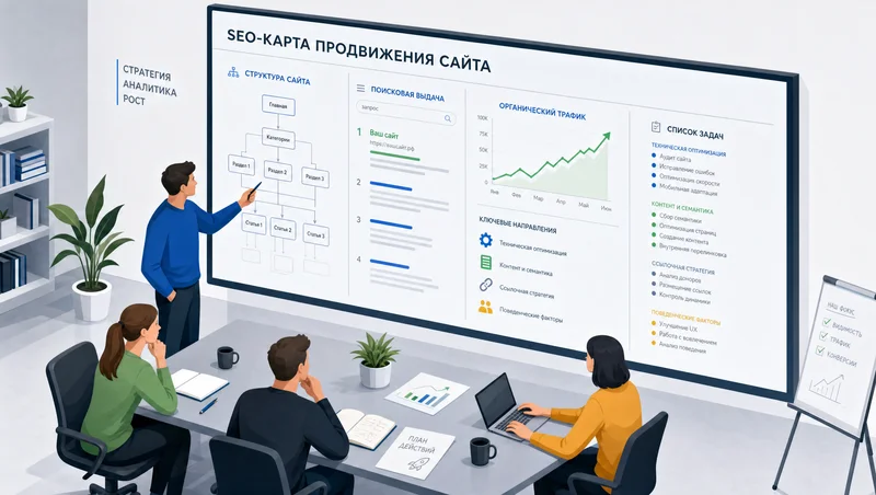 Команда анализирует комплексное SEO-продвижение сайта