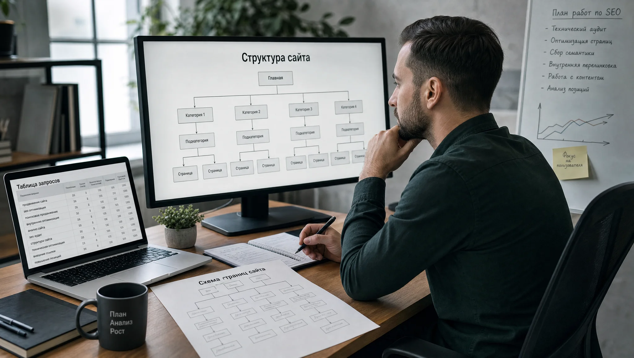 Специалист анализирует сайт перед SEO-продвижением