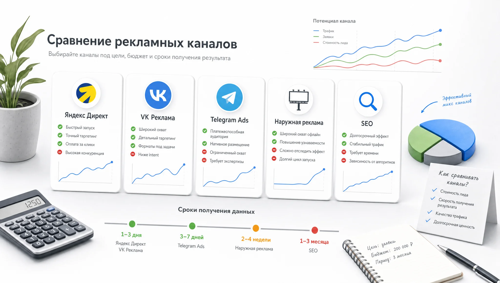Сравнение рекламных каналов по цене и срокам
