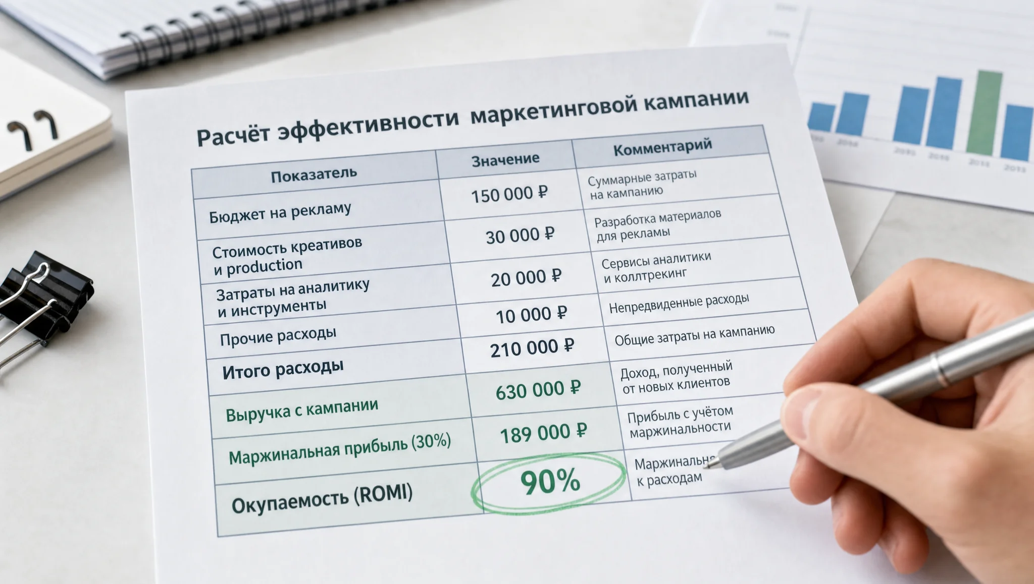 Таблица с формулой ROI и затратами