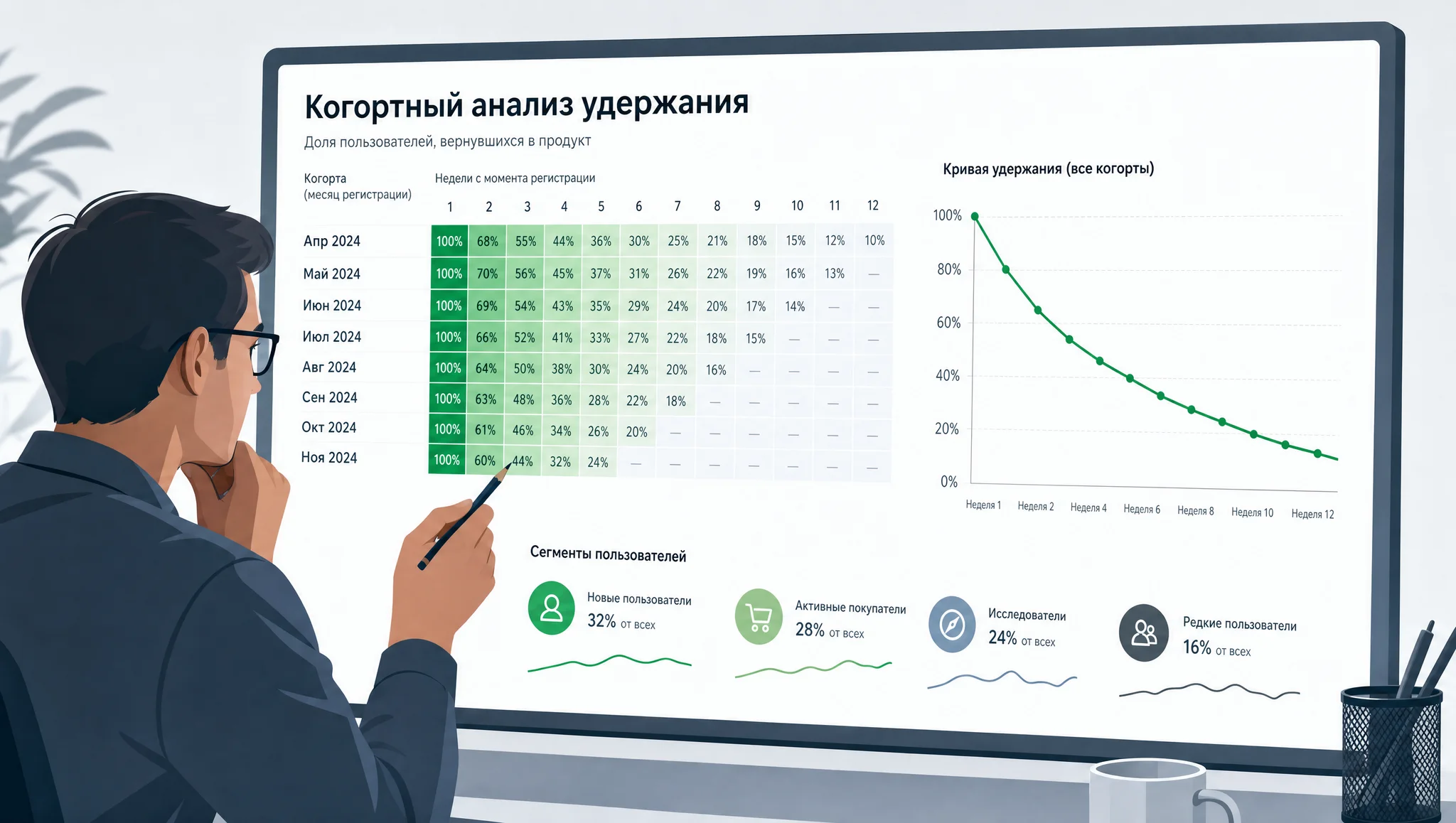 аналитик изучает когортную таблицу retention