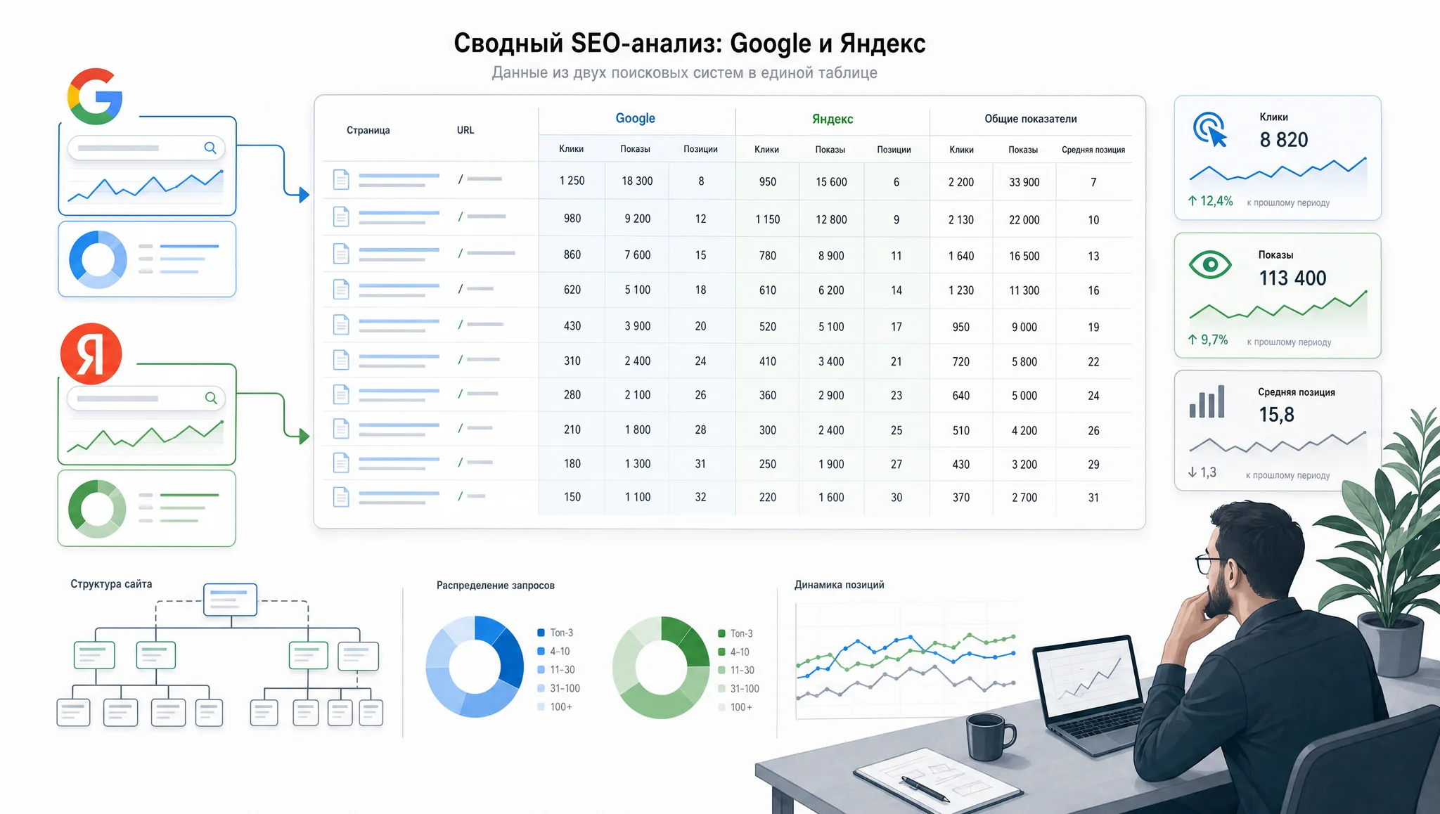 сравнение поисковых данных Google и Яндекса