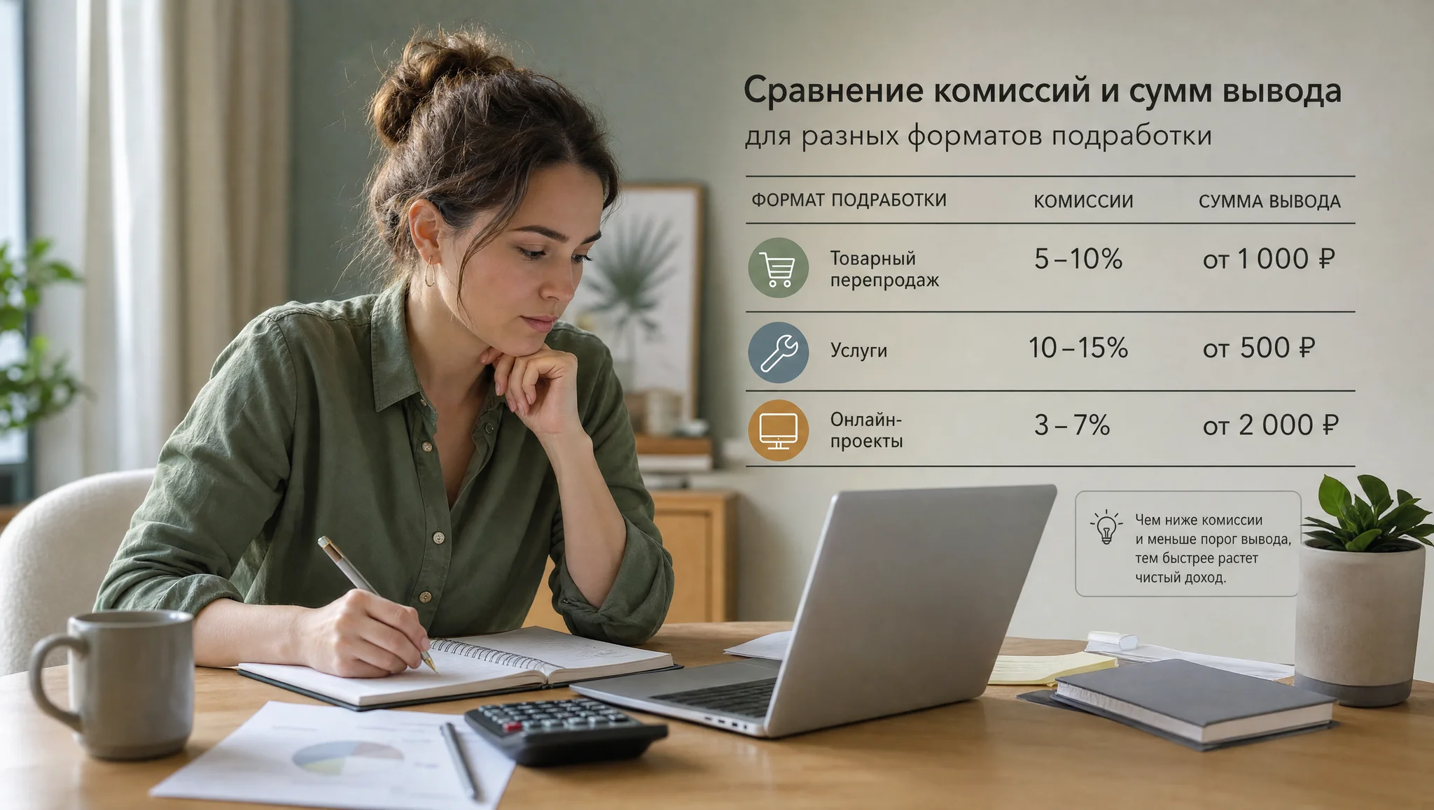 Сравнение дохода и комиссий подработки